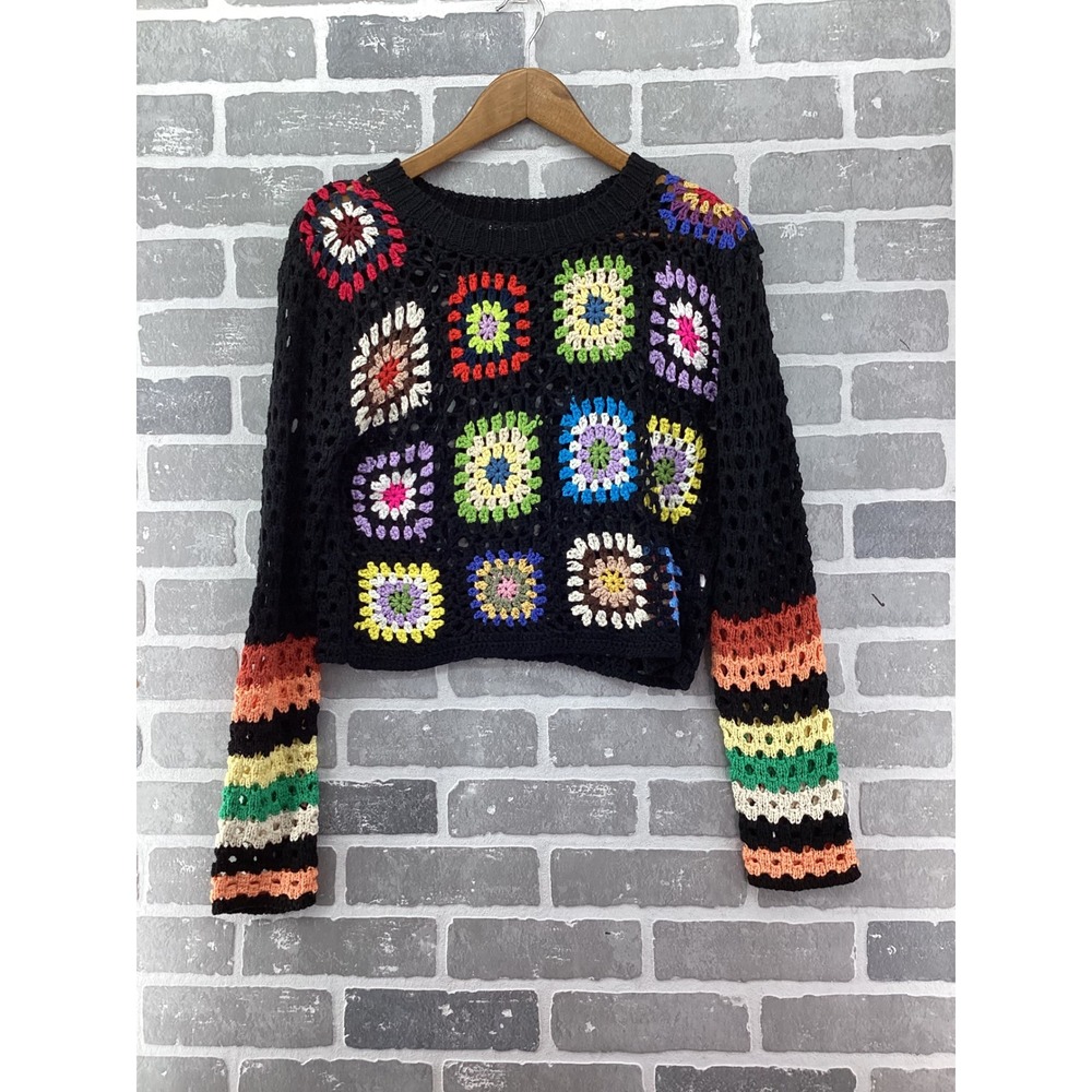 Adora Women Crochet Granny Square Sweater Black Multi Color Boho Knit Large